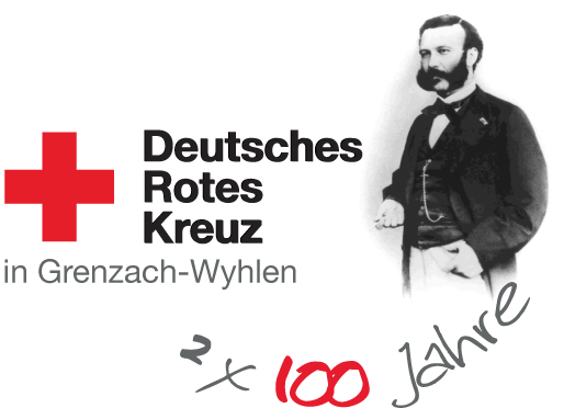 DRK-Logo mit Abbildung von Henry Dunant und Schriftzug 2x100 Jahre DRK Ortsverein Grenzach-Wyhlen